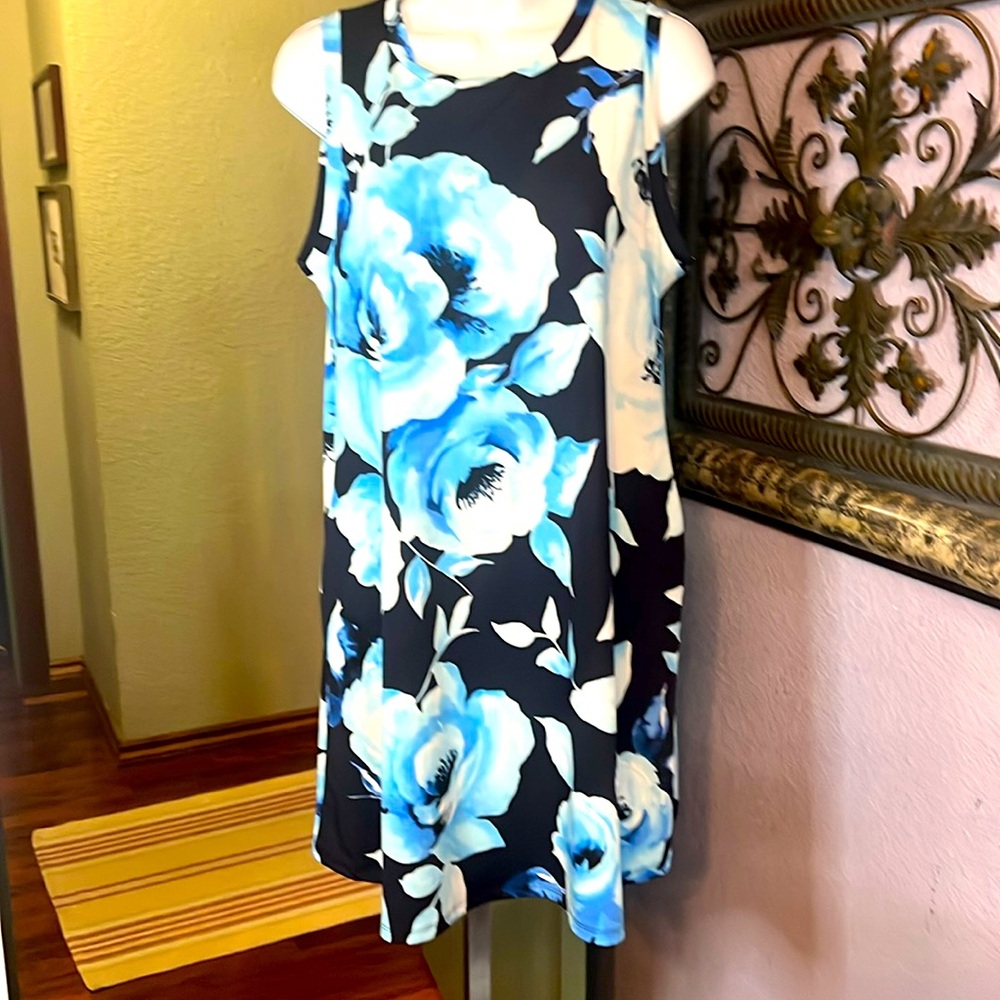 Honeyme Dress- sleeveless knit tropical blue floral - stretch & pockets S